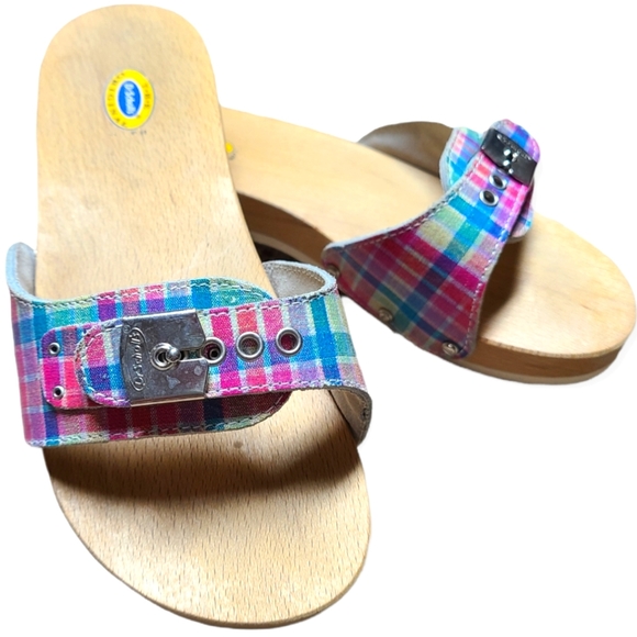 Dr. Scholl's Shoes - Vtg Dr Scholls pink plaid original Italy wood 8 sandals slides